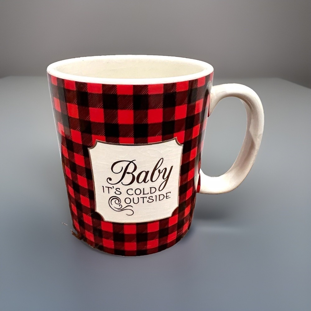 "Baby It's Cold Outside" Buffalo Plaid Ceramic Coffee Mug 12 fl oz Red Black